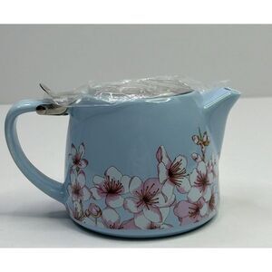 New Alfred Ceramic + Stainless Steel‎ Teapot 20 oz Blue Floral Cherry Blossom